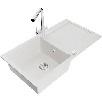 Granitový dřez Mexen Leo granitový dřez 1-komorový s odkapávačem a kuchyňskou baterií Duero, bílý - 6501-20-671600-00 Granitové dřezy s baterií