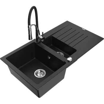 Granitový dřez Mexen Matias dřez žulový 1,5-komorový s odkapávačem a kuchyňskou baterií Aster, černý - 6502-77-73450-07 Granitové dřezy s baterií