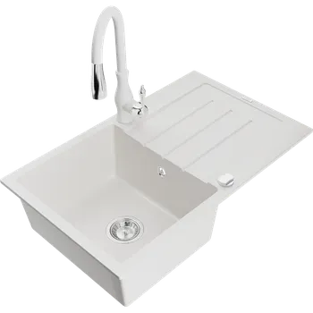 Granitový dřez Mexen Bruno jednovanový granitový dřez s odkapávačem a kuchyňskou baterií Savita, bílý - 6513-20-672601-20 Granitové dřezy s baterií