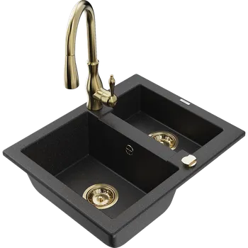 Granitový dřez Mexen Carlos žulový dřez 1,5-komorový s kuchyňskou baterií Savita, černá/stříbrný metalík - 6518-73-672601-50 Granitové dřezy s baterií