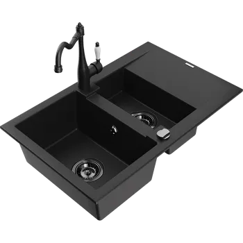 Granitový dřez Mexen Gaspar granitový dřez 1,5-komorový s odkapávačem a kuchyňskou baterií Carla, černý - 6507-77-670700-70-B Granitové dřezy s baterií