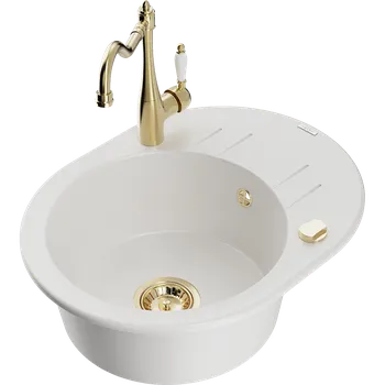 Granitový dřez Mexen Kevin jednokomorový granitový dřez s odkapávačem a kuchyňskou baterií Carla, bílý - 6517-20-670700-50 Granitové dřezy s baterií