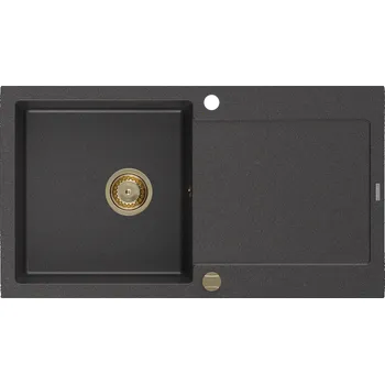 Granitový dřez Mexen Leo granitový dřez 1-komorový s odkapávačem 900 x 500 mm, černý kropenatý, zlatý sifon - 6501901010-76-G Granitové dřezy