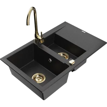 Granitový dřez Mexen Gaspar granitový dřez 1,5-komorový s odkapávačem a kuchyňskou baterií Telma, černý/stříbrný - 6507-73-670200-50 Granitové dřezy s baterií