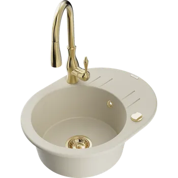 Granitový dřez Mexen Kevin granitový dřez 1-komorový s odkapávačem a kuchyňskou baterií Savita, béžový - 6517-69-672601-50 Granitové dřezy s baterií