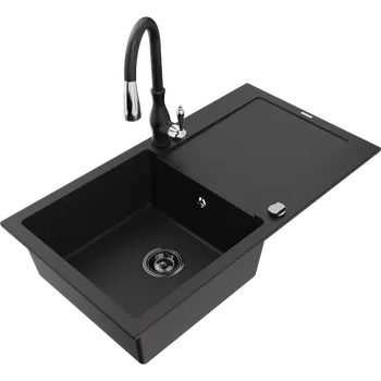 Granitový dřez Mexen Leo granitový dřez 1-komorový s odkapávačem a kuchyňskou baterií Savita, černý - 6501-77-672601-70-B Granitové dřezy s baterií