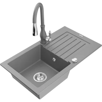 Granitový dřez Mexen Pablo granitový dřez s 1 komorou a odkapávačem a kuchyňskou baterií Savita, šedý - 6510-71-672601-71 Granitové dřezy s baterií