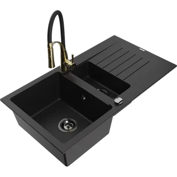 Granitový dřez Mexen Matias granitový dřez 1,5-komorový s odkapávačem a kuchyňskou baterií Aster, černý - 6502-77-73450-57-B Granitové dřezy s baterií