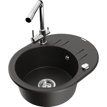 Granitový dřez Mexen Kevin granitový dřez 1-komorový s odkapávačem a kuchyňskou baterií Duero, černý/zlatý metalik - 6517-75-671600-00 Granitové dřezy s baterií