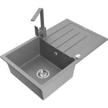 Granitový dřez Mexen Bruno granitový dřez 1-komorový s odkapávačem a kuchyňskou baterií Rita, šedý - 6513-71-670300-71 Granitové dřezy s baterií