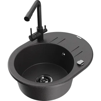 Granitový dřez Mexen Kevin granitový dřez 1-komorový s odkapávačem a kuchyňskou baterií Duero, černý tečkovaný - 6517-76-671600-70-B Granitové dřezy s baterií