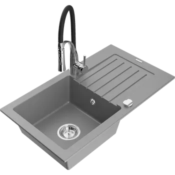 Granitový dřez Mexen Pablo granitový dřez 1-komorový s odkapem a kuchyňskou baterií Aster, šedý - 6510-71-73450-07 Granitové dřezy s baterií