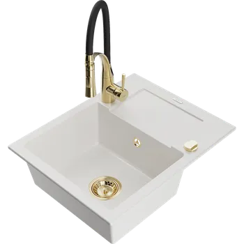 Granitový dřez Mexen Enzo granitový dřez s jednou komorou s odkapávačem a kuchyňskou baterií Aster, bílá - 6506-20-73450-57-G Granitové dřezy s baterií