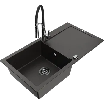 Granitový dřez Mexen Leo granitový jednodřez s odkapávačem a kuchyňskou baterií Aster, černá/zlatý metalik - 6501-75-73450-07-B Granitové dřezy s baterií