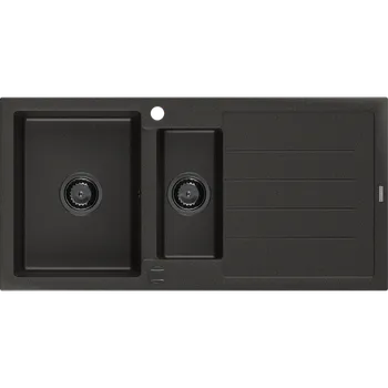 Granitový dřez Mexen Andres granitový dřez 1,5-komorový s odkapávačem 1000 x 500 mm černý/zlatý metalik, černý sifon - 6515101510-75-B Granitové dřezy