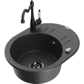 Granitový dřez Mexen Kevin granitový dřez 1-komorový s odkapávačem a kuchyňskou baterií Carla, černý skvrnitý - 6517-76-670700-70-B Granitové dřezy s baterií