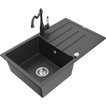 Granitový dřez Mexen Bruno granitový dřez s 1 komorou, odkapávačem a kuchyňskou baterií Carla, černý kropenatý - 6513-76-670700-76 Granitové dřezy s baterií