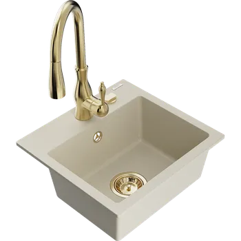 Granitový dřez Mexen Milo granitový dřez 1-komorový s kuchyňskou baterií Savita, béžový - 6505-69-672601-50 Granitové dřezy s baterií