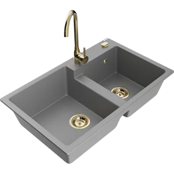 Granitový dřez Mexen Tomas dřez granitový 2-komorový s kuchyňskou baterií Telma, šedý - 6516-71-670200-50 Granitové dřezy s baterií