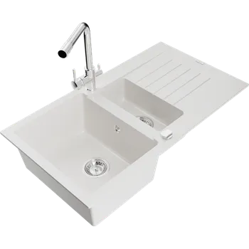 Granitový dřez Mexen Matias dřez granitový 1,5-komorový s odkapávačem a kuchyňskou baterií Duero, bílý - 6502-20-671600-00 Granitové dřezy s baterií