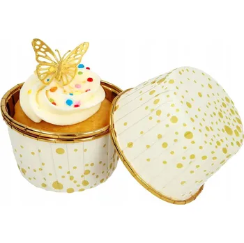 Formička KULATÉ CUKRÁŘSKÉ KOŠÍČKY NA MUFFINY A MUFFINY BÍLÉ SE ZLATÝMI PUNTÍKY 50 KS