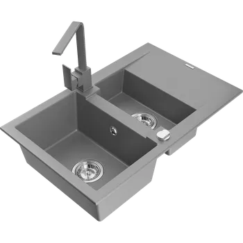 Granitový dřez Mexen Gaspar granitový dřez 1,5-komorový s odkapávačem a kuchyňskou baterií Rita, šedý - 6507-71-670300-71 Granitové dřezy s baterií