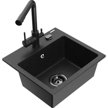 Granitový dřez Mexen Milo žulový dřez 1-komorový s kuchyňskou baterií Duero, černý/zlatý metalický - 6505-75-671600-70-B Granitové dřezy s baterií