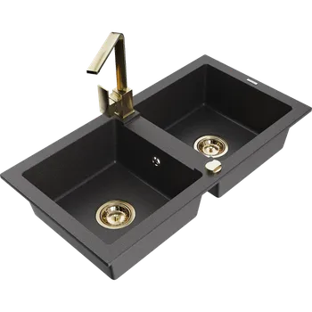 Granitový dřez Mexen Mario žulový dřez 2-komorový s kuchyňskou baterií Rita, černý skvrnitý - 6504-76-670300-50 Granitové dřezy s baterií