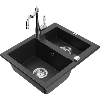 Granitový dřez Mexen Carlos granitový dřez 1,5-komorový s kuchyňskou baterií Carla, černý/stříbrný metalik - 6518-73-670700-00 Granitové dřezy s baterií