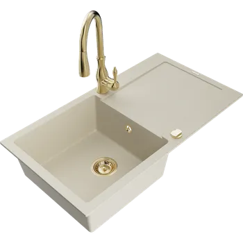 Granitový dřez Mexen Leo granitový dřez jednokomorový s odkapávačem a kuchyňskou baterií Savita, béžový - 6501-69-672601-50 Granitové dřezy s baterií