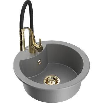 Granitový dřez Mexen Diego granitový dřez 1-komorový s kuchyňskou baterií Aster, šedý - 6512-71-73450-57-G Granitové dřezy s baterií