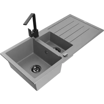 Granitový dřez Mexen Andres granitový dřez 1,5-komorový s odkapávačem a kuchyňskou baterií Rita, šedý - 6515-71-670300-70-B Granitové dřezy s baterií