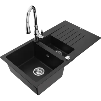 Granitový dřez Mexen Matias granitový dřez 1,5-komorový s odkapávačem a kuchyňskou baterií Savita, černý - 6502-77-672601-00 Granitové dřezy s baterií