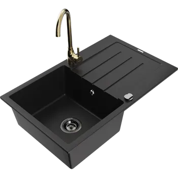 Granitový dřez Mexen Bruno granitový dřez 1-komorový s odkapávačem a kuchyňskou baterií Telma, černý - 6513-77-670200-50-B Granitové dřezy s baterií