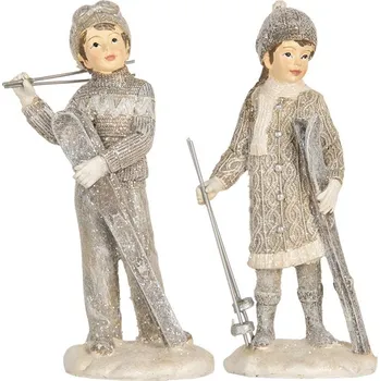 Šedá dekorace dívka a chlapec s lyžemi - 8*7*15 cm