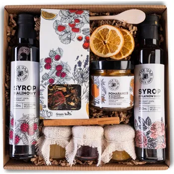 Dárkový potravinový koš Green Touch Dárkový koš SET ČAJ ZPRACOVANÉ PRODUKTY SIRUP DŽEMY DÁREK NAROZENINY