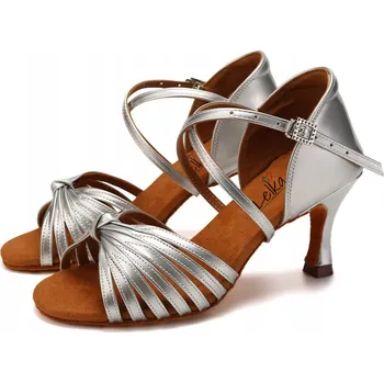 Dámské sandále Lelka taneční boty na latino W7B1 - STŘÍBRNÉ - podpatek 7,5 cm, velikost 37