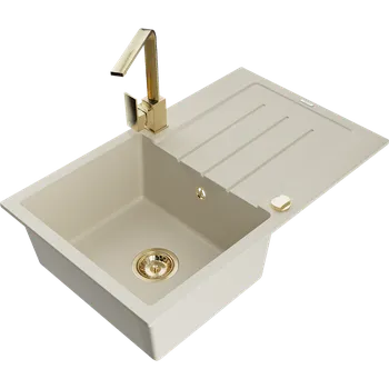 Granitový dřez Mexen Bruno granitový kuchyňský dřez 1-komorový s odkapávačem a kuchyňskou baterií Rita, béžový - 6513-69-670300-50 Granitové dřezy s baterií