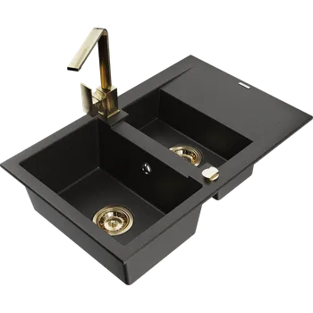 Mexen Gaspar granitový dřez 1,5-komorový s odkapávačem a kuchyňskou baterií Rita, černý/zlatý - 6507-75-670300-50 Granitové dřezy s baterií