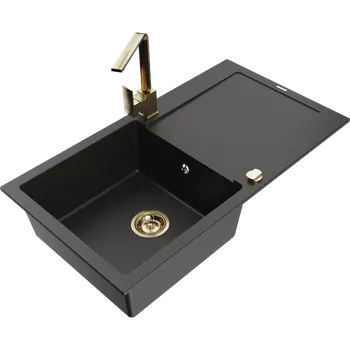 Granitový dřez Mexen Leo žulový dřez 1-komorový s odkapávačem a kuchyňskou baterií Rita, černý/zlatý metalik - 6501-75-670300-50 Granitové dřezy s baterií