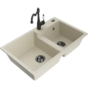 Granitový dřez Mexen Tomas granitový dřez 2-komorový s kuchyňskou baterií Carla, béžový - 6516-69-670700-70 Granitové dřezy s baterií