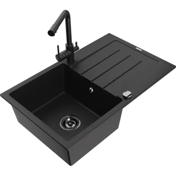 Granitový dřez Mexen Bruno granitový dřez 1-komorový s odkapávačem a kuchyňskou baterií Duero, černý - 6513-77-671600-70-B Granitové dřezy s baterií