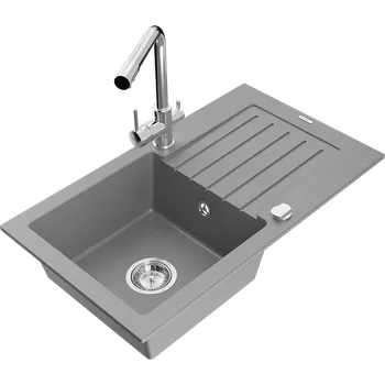 Granitový dřez Mexen Pablo žulový kuchyňský dřez s jednou komorou a odkapávačem a kuchyňskou baterií Duero, šedý - 6510-71-671600-00 Granitové dřezy s baterií