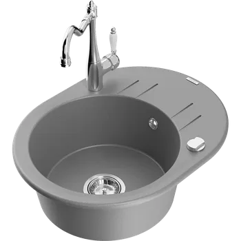 Granitový dřez Mexen Kevin granitový dřez s 1 komorou s odkapávačem a kuchyňskou baterií Carla, šedý - 6517-71-670700-00 Granitové dřezy s baterií