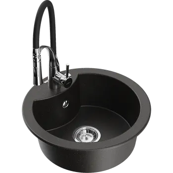 Granitový dřez Mexen Diego granitový dřez s 1 komorou s kuchyňskou baterií Aster, černý/zlatý metalický - 6512-75-73450-70 Granitové dřezy s baterií