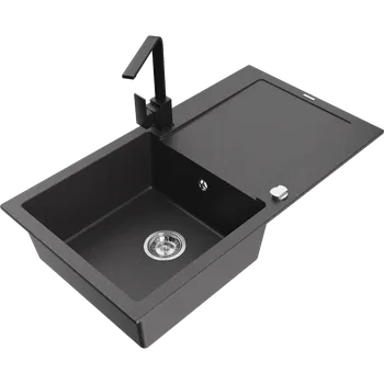 Granitový dřez Mexen Leo granitový dřez 1-komorový s odkapávačem a kuchyňskou baterií Rita, černý kropenatý - 6501-76-670300-70 Granitové dřezy s baterií