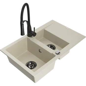 Granitový dřez Mexen Gaspar granitový dřez 1,5-komorový s odkapávačem a kuchyňskou baterií Aster, béžový - 6507-69-73450-70-B Granitové dřezy s baterií