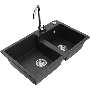 Granitový dřez Mexen Tomas žulový dřez 2-komorový s kuchyňskou baterií Telma, černý/stříbrný metalický - 6516-73-670200-00 Granitové dřezy s baterií