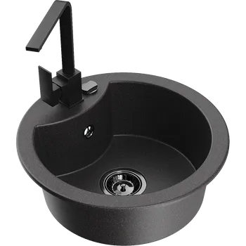 Granitový dřez Mexen Diego granitový dřez 1komorový s kuchyňskou baterií Rita, černý s tečkovaným vzorem - 6512-76-670300-70-B Granitové dřezy s baterií