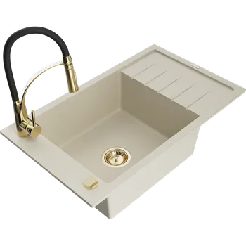 Granitový dřez Mexen Elias granitový dřez s 1-komorou, odkapávačem a kuchyňskou baterií Aster, béžový - 6511-69-73450-57-G Granitové dřezy s baterií